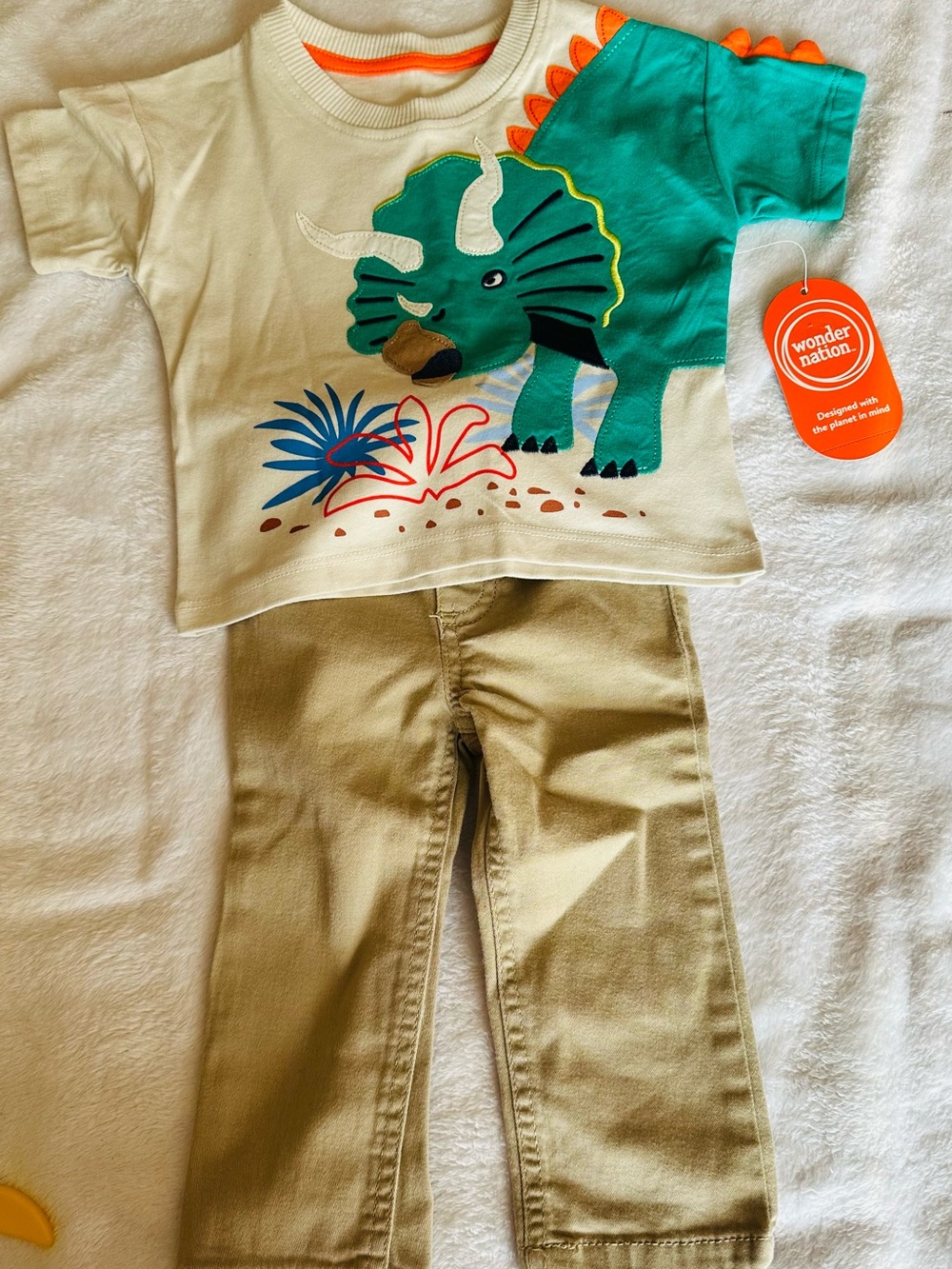 wonder nation Cream Tee with Teal Triceratops Graphic